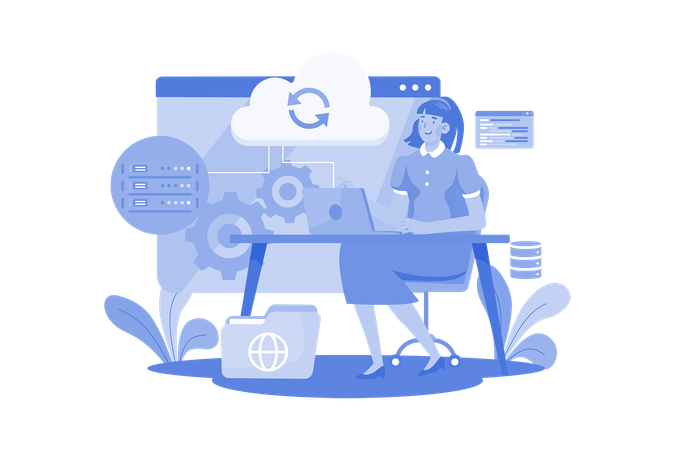 Woman maintaining cloud database  Illustration