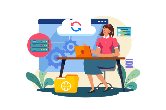 Woman maintaining cloud database  Illustration