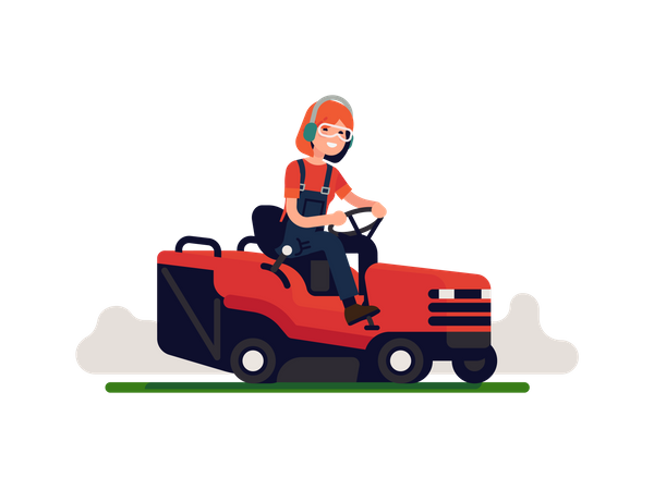 Woman maintaining Garden with compact tractor  Illustration