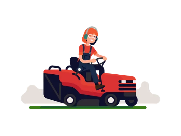 Woman maintaining Garden with compact tractor  Illustration