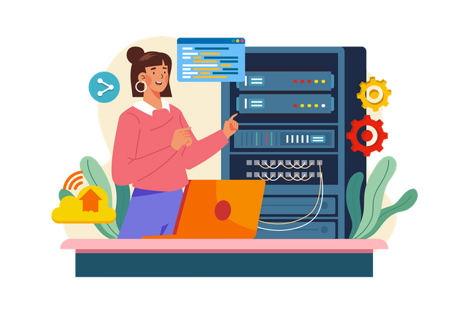 Woman maintaining server data Illustration