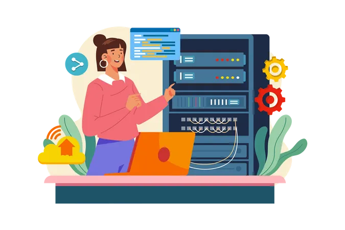 Woman maintaining server data Illustration