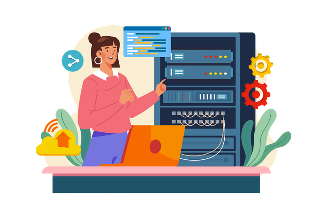 Woman maintaining server data  Illustration