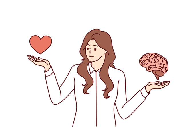 Woman maintains balance between heart and brain  Illustration