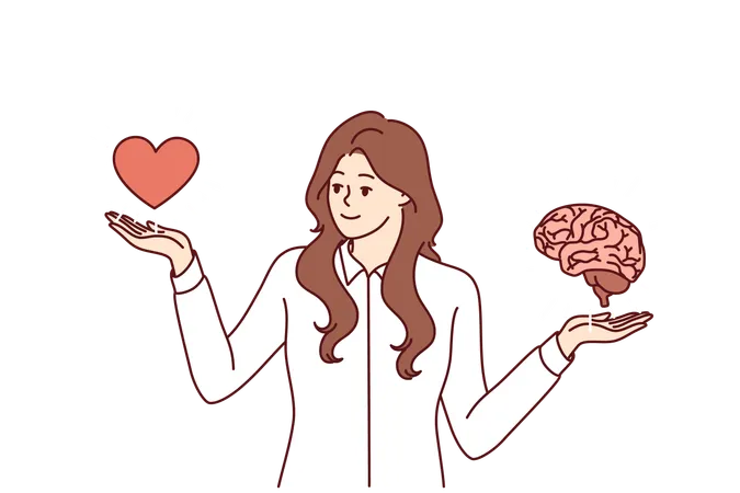 Woman Maintains Balance In Career And Personal Life By Standing Near Heart With Brain And Trying To Live In Harmony Businesswoman Observes Balance Choose Between Romance Or Career Illustration