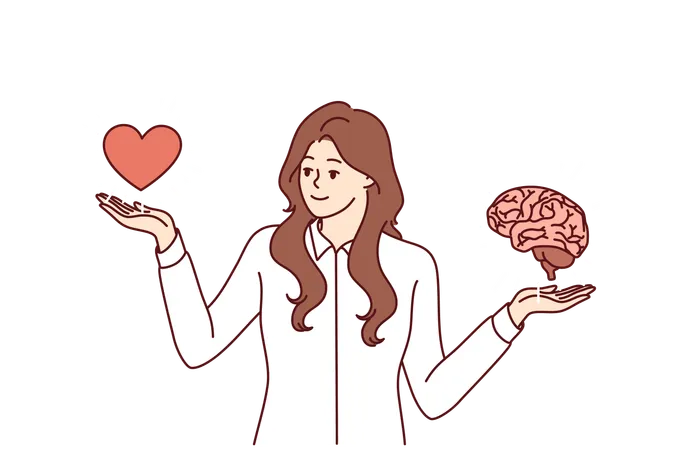 Woman maintains balance between heart and brain  Illustration