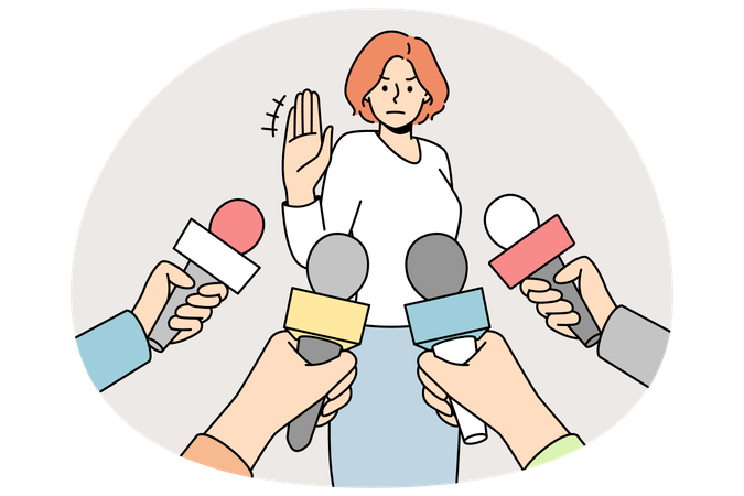 Woman make no comment gesture to reporters  Illustration