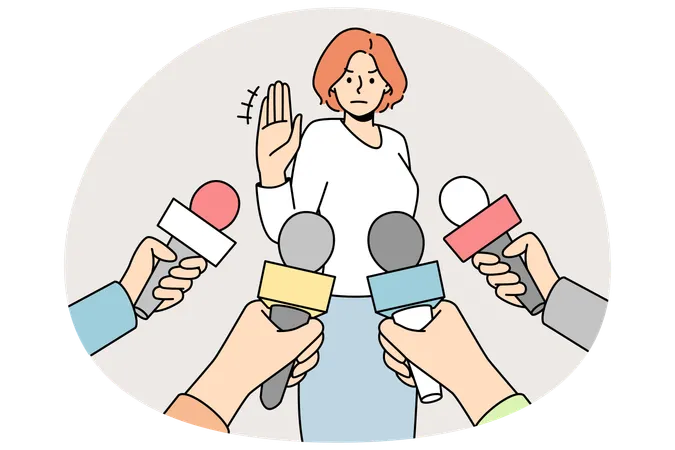 Woman make no comment gesture to reporters  Illustration