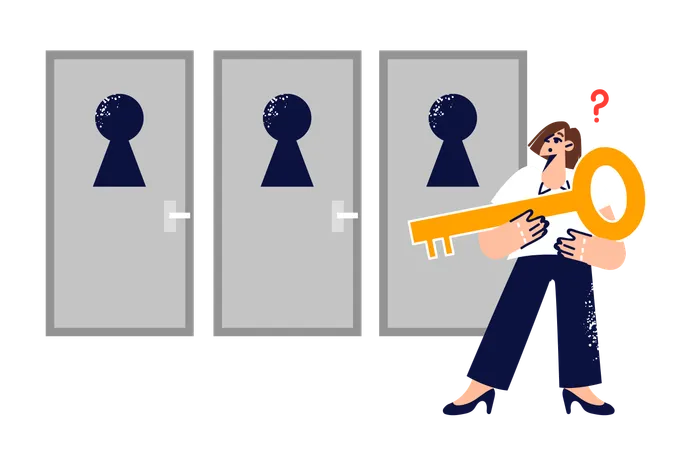 Woman Makes Choice Making Difficult Decision On Path To Success Stands With Large Key Near Three Doors Girl Solves Problem From Monty Hall Paradox Trying To Make Right Decision To Win Illustration