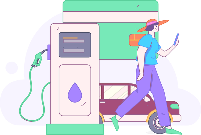 Woman makes mobile payment at fuel station  Illustration