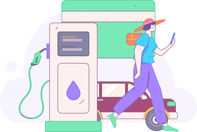 Woman makes mobile payment at fuel station  Illustration