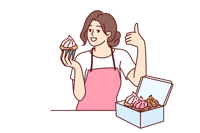 Woman Pastry Chef Holding Cupcake And Showing Thumb Up Standing Near Box Of Muffins Or Desserts Buttercream Cupcake In Hands Of Girl Who Works In Bakery And Invites Visitors To Try Sweet Cakes Illustration