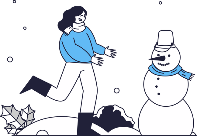 Woman Making A Snowman  Illustration