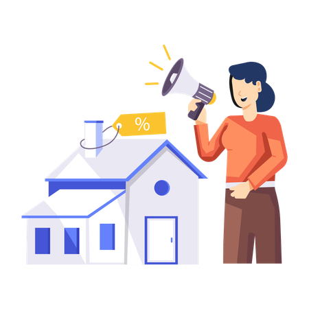 Woman making announcement for house sale  Illustration