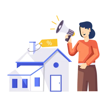 Woman making announcement for house sale  Illustration