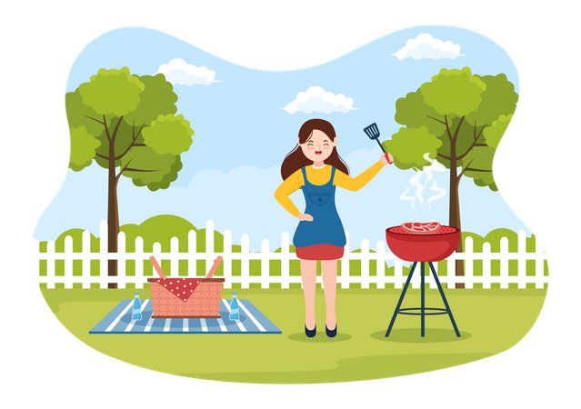 Woman making barbeque at backyard  Illustration