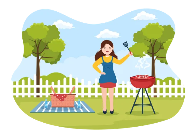 Woman making barbeque at backyard  Illustration