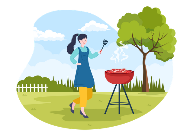 Woman making barbeque at park  Illustration