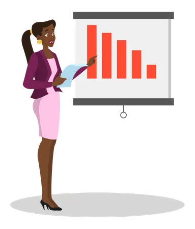 Woman Making Business Presentation And Pointing At The Red Graph Presenting Business Plan On Seminar Vector Illustration In Cartoon Style Illustration