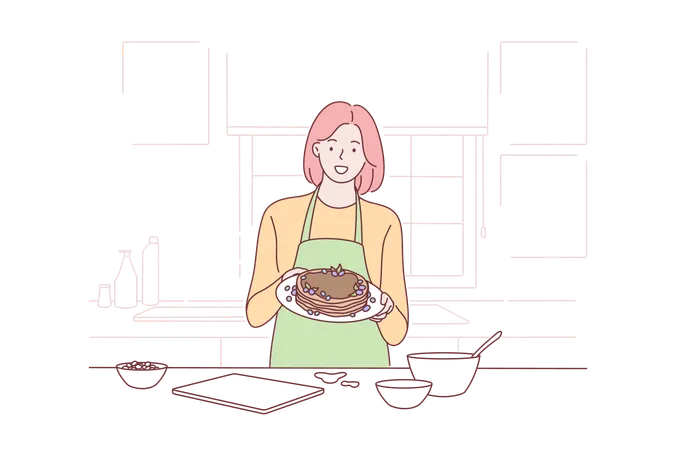Woman making cake  イラスト
