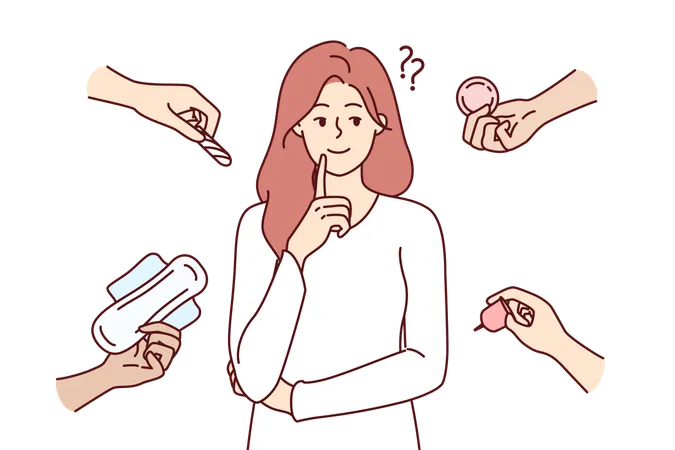 Woman Stands Among Disposable And Reusable Feminine Hygiene Products And Tries To Make Choice Thoughtful Girl Near Hands With Pad Or Tampon And Other Hygiene Items That Relieve Discomfort 일러스트레이션