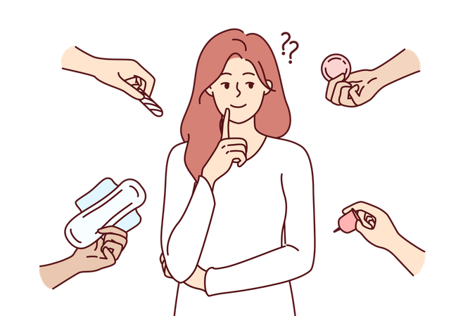 Woman making choice among feminine hygiene products  Illustration