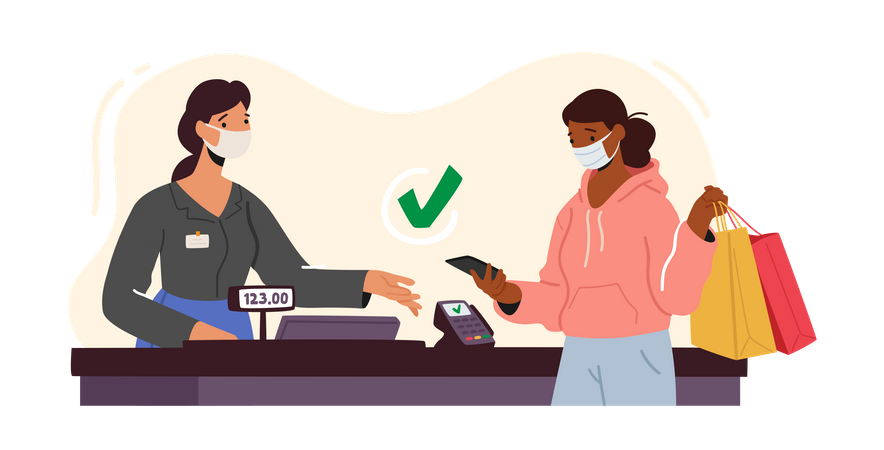 Woman making contactless payment in supermarket During Coronavirus Illustration