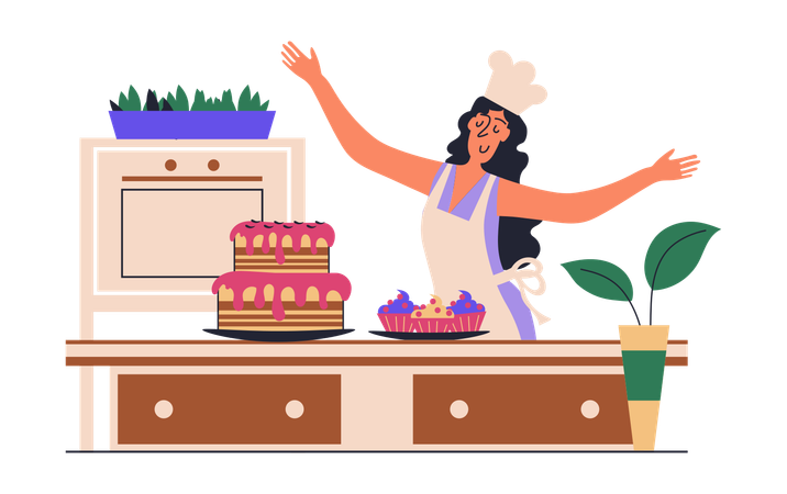 Woman Making Desserts And Decorates Desserts At Kitchen  Illustration