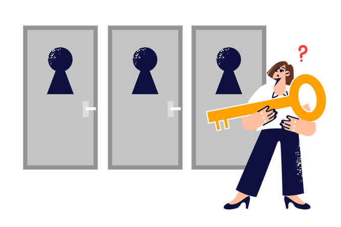 Woman making difficult decision on path to success and stands with key near three doors  Illustration