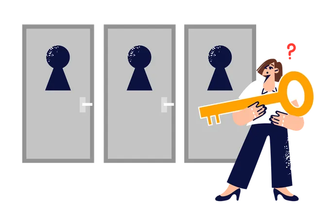 Woman making difficult decision on path to success and stands with key near three doors  Illustration