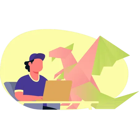 Woman making dragon on laptop  Illustration