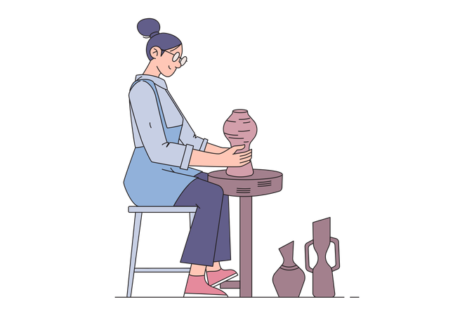 Woman making earthenware utensils  イラスト