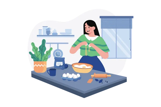 Woman making egg dish in Kitchen Illustration