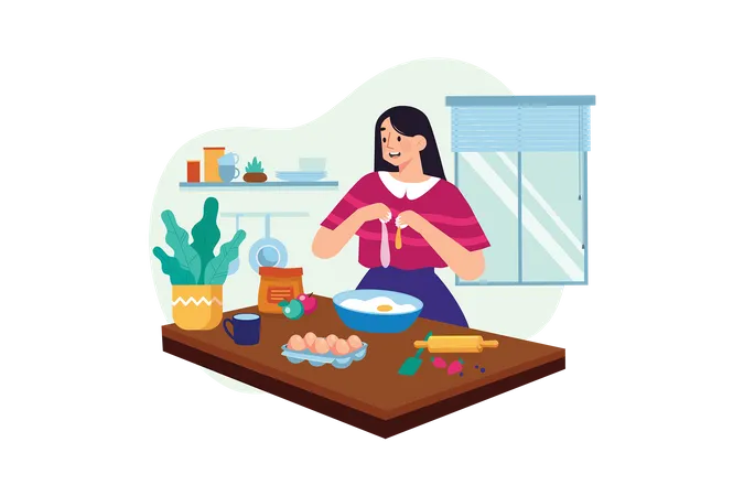 Woman making egg dish in Kitchen Illustration