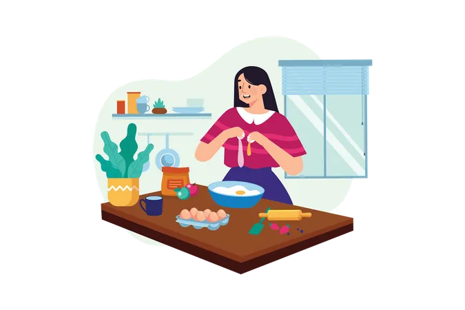 Woman making egg dish in Kitchen  Illustration