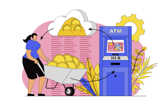 Woman making financial transaction and sending cash to account  Illustration