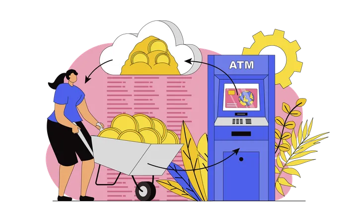 Woman making financial transaction and sending cash to account  Illustration