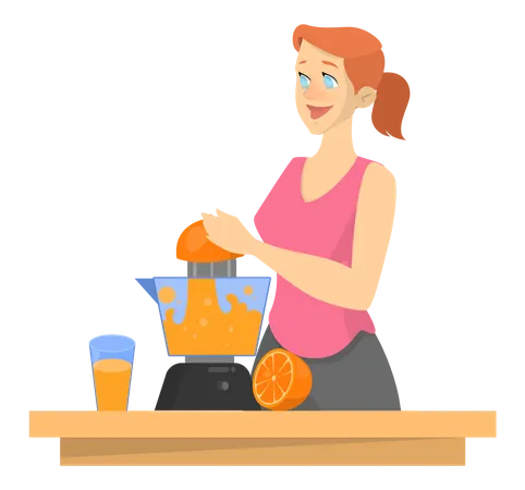 Woman making fresh orange juice  Illustration