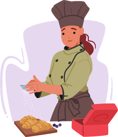 Woman making golden croissants  Illustration