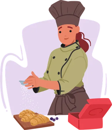 Woman making golden croissants  Illustration