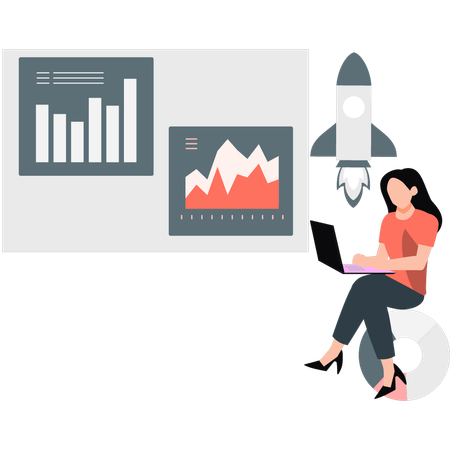 Woman making graph startup rocket  Illustration