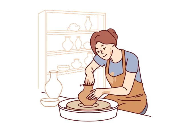 Woman making jug from clay to sell handmade souvenirs  Illustration