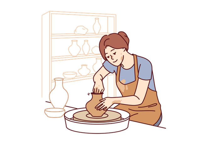 Woman making jug from clay to sell handmade souvenirs  Illustration