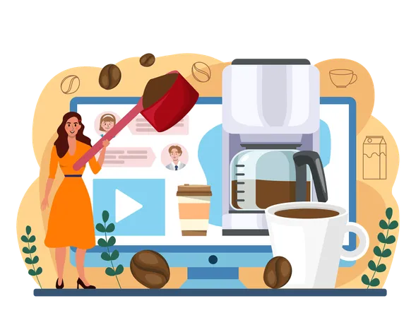 Coffee Machine Online Service Or Platform Barista Making A Cup Of Coffee Espresso Capsule Drip Automatic Coffee Machine Online Forum Flat Vector Illustration Illustration