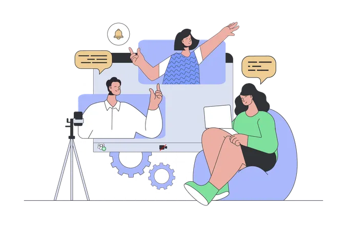 Video Communication Concept In Modern Flat Design For Web Woman Connecting With Friends And Colleagues Online Using Zoom For Meeting Vector Illustration For Social Media Banner Marketing Material Illustration