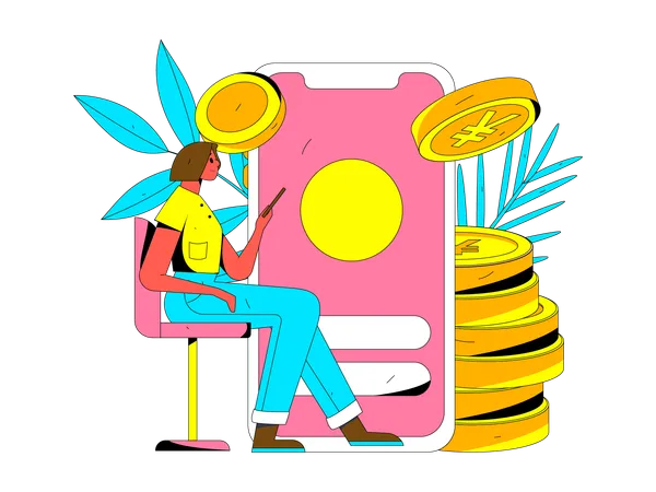 Woman making online money transaction using mobile  Illustration