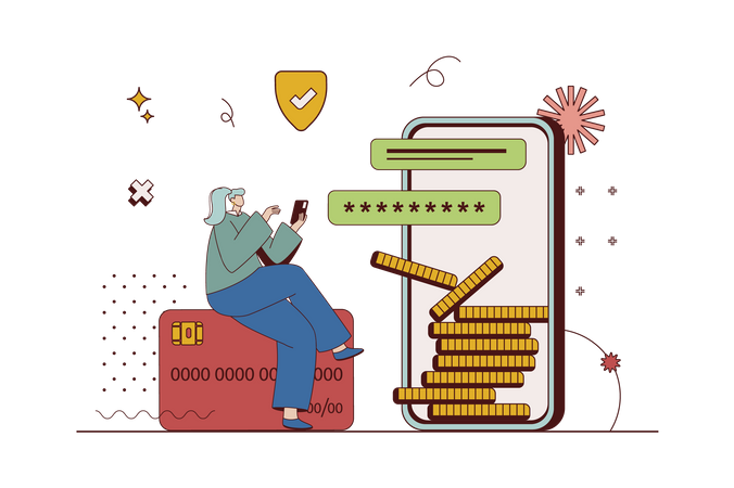 Woman making online money transfers and secure purchase transactions using mobile app  Illustration