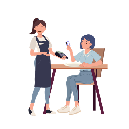 Woman making payment at restaurant using credit card  Illustration