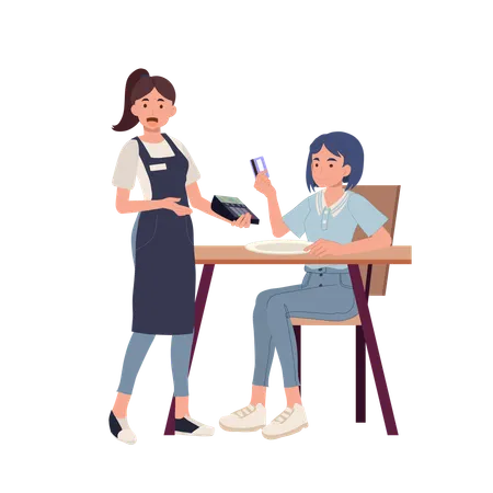 Woman making payment at restaurant using credit card  Illustration