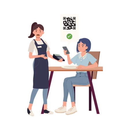 Woman making payment by mobile phone at restaurant  Illustration